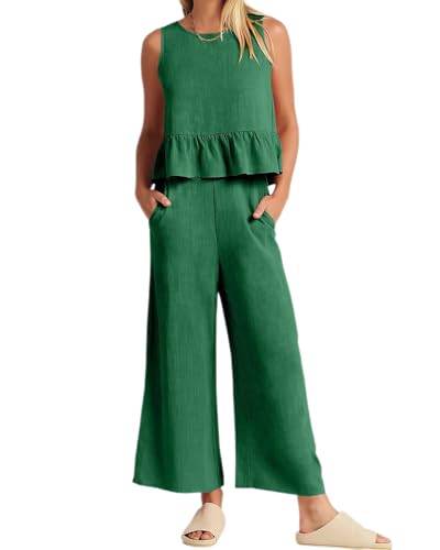 dalamirra Damen Zweiteiliger Sommer Freizeit Leinen Anzug Rundhalsausschnitt Ärmelloses Top und breite Beine Freizeit Anzug mit Taschen Plain Streetwear Outfits Leichte Plain Loungewear von dalamirra
