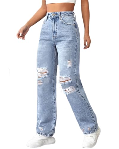 dalamirra Damen hohe Taille Baggy Jeans Stretch Ripped zerstörte Denim gerade Hosen von dalamirra