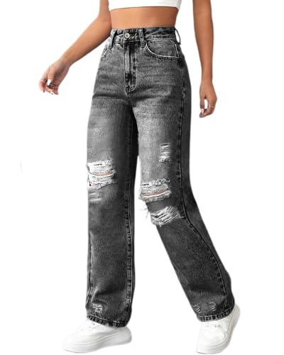 dalamirra Damen hohe Taille Baggy Jeans Stretch Ripped zerstörte Denim gerade Hosen von dalamirra
