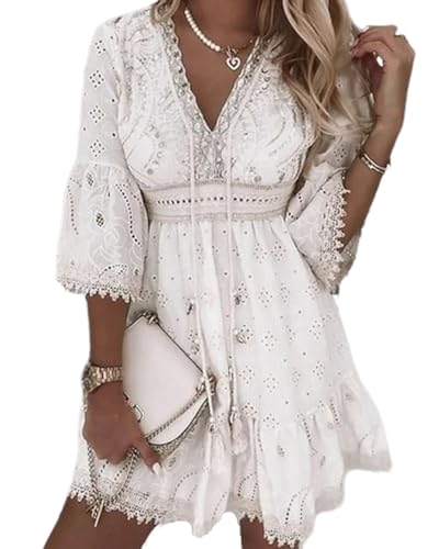 dalamirra Damen modische V-Ausschnitt Spitze Hohle Taille Bohemian A-Linie Sommer Kurze Strandurlaub Kleid von dalamirra