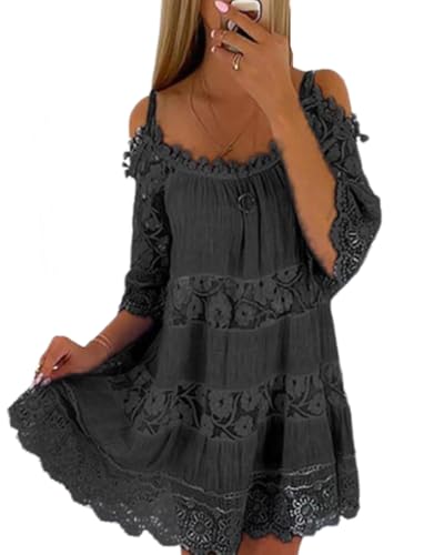 dalamirra Damen modische V-Ausschnitt Spitze Hohle Taille Bohemian A-Linie Sommer Kurze Strandurlaub Kleid von dalamirra