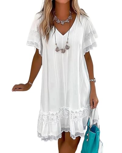 dalamirra Damen modische V-Ausschnitt Spitze Hohle Taille Bohemian A-Linie Sommer Kurze Strandurlaub Kleid von dalamirra