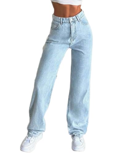dalamirra Jeans Damen Casual Hosen Hohe Taille mit Taschen Jeans Breites Bein Stretch Jeans Mode Vintage Denim Casual Y2K Streetwear Baggy Gerade Jeans Hosen von dalamirra