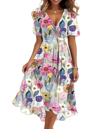 dalamirra Sommer Elegante Lockere Damen Gedruckt Chiffon Boho V-Ausschnitt Party Hohe Taille Mit Gürtel Lange Rüschen Strandkleid von dalamirra