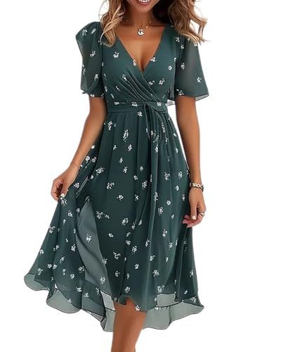 dalamirra Sommer Elegante Lockere Damen Gedruckt Chiffon Boho V-Ausschnitt Party Hohe Taille Mit Gürtel Lange Rüschen Strandkleid von dalamirra