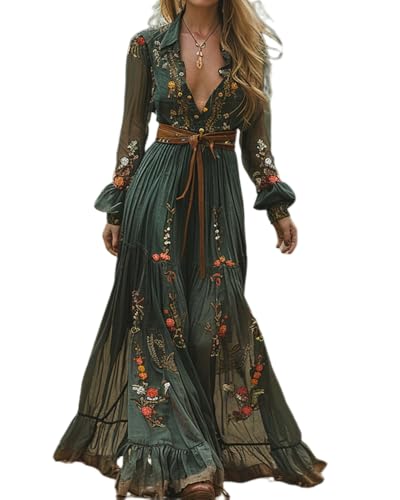 dalamirra Sommerkleider Damen Vintage Rustik Stil Boho Kleidung Frühling Langärmel Blumenmuster V-Ausschnitt Casual Maxi Kleid von dalamirra