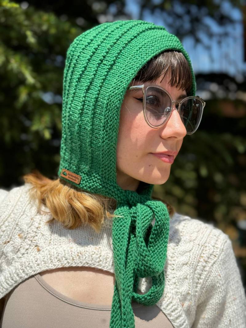 Handgestrickte Wolle Balaclava Mütze Waldgrüne Kapuze Mit Langen Krawatten von daldandala