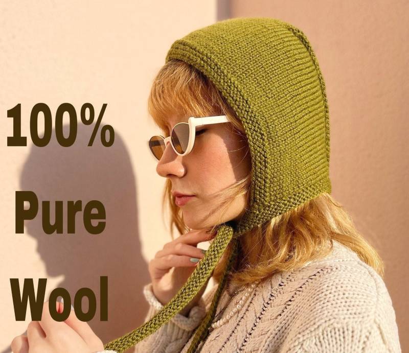 Handgestrickte Mütze Aus Merinowolle Olivgrüne Balaclava Mit Bindebändern von daldandala