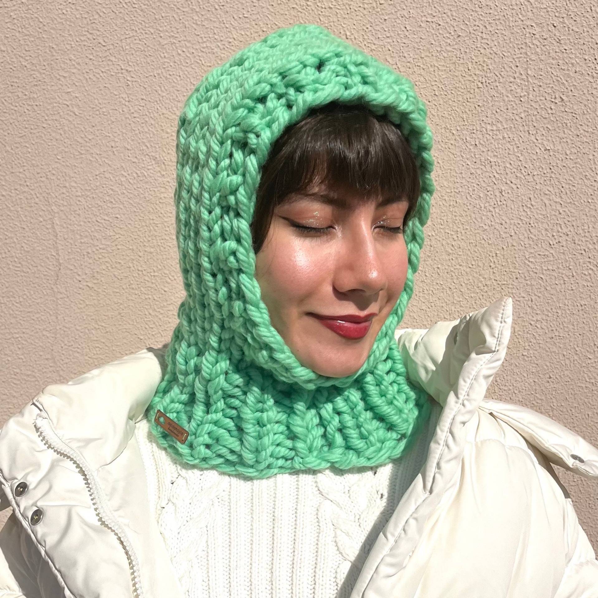 Hand Gestrickte Grobstrick Balaclava Un Kalte Grüne, Birnengrüne Reine Wolle, Kuschelig Weiche Kapuze, Wintermütze 100% Wolle von daldandala