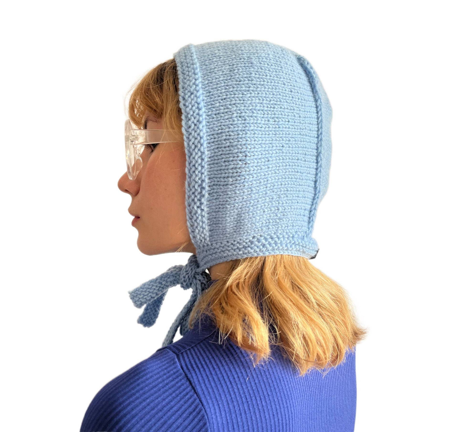 Merino Balaclava Mit Krawatten, Strickmütze Für Erwachsene in Babyblau, Reine Wolle Damenmütze, Gemütliche Mütze Wintermütze Im Stil Der 1970Er Jahre von daldandala