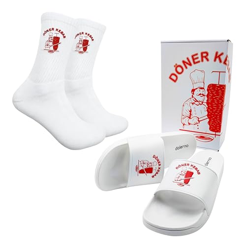 Döner Kebab Badelatschen Latschen Schlappen mit Socken Gr. 36-46 Lustiges Geschenkset Herren Damen Schuhe Pantoletten Slipper Döner Kebab Socken (EU Schuhgrößensystem, Erwachsene, Numerisch, M, 44) von dalerno