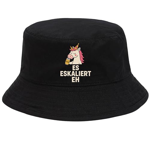 Es eskaliert eh Hut Schwarz Lustiger Festivalhut mit Einhorn Bier Spruch | Partyhut Malle Cap Fischerhut Spaßhut für Herren Damen | Junggesellenabschied Karneval Accessoire Sommer von dalerno