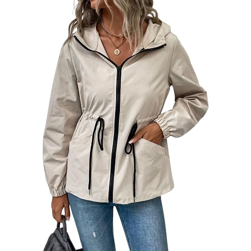 dalerno Damen Übergangsjacke Regenjacke Regenmantel Windbreaker Outdoor leichte Jacke Wasserdicht Grün Schwarz und Beige (M, Beige) von dalerno