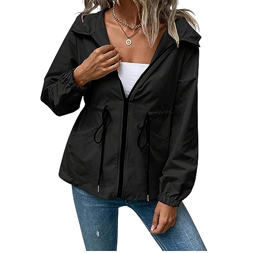 dalerno Damen Übergangsjacke Regenjacke Regenmantel Windbreaker Outdoor leichte Jacke Wasserdicht Grün Schwarz und Beige (M, Schwarz) von dalerno