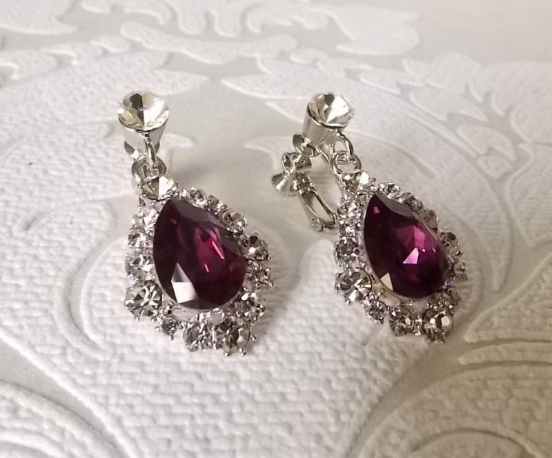 Amethyst-Lila Kristall-Tropfenohrringe, Durchbohrt Oder Zum Anklipsen, Mit 14 Mm Großen Strasssteinen, Art-Deco-Brautjungfern-Geschenke von dalfiya