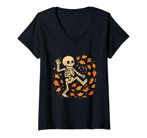Damen Tanzendes Skelett im Herbstlaub T-Shirt mit V-Ausschnitt von dancing skeleton autumn leaves fun halloween