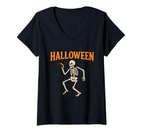 Damen Halloween Tanzendes Skelett T-Shirt mit V-Ausschnitt Damen Halloween Tanzendes Skelett T-Shirt mit V-Ausschnitt von dancing skeleton halloween spooky fun party