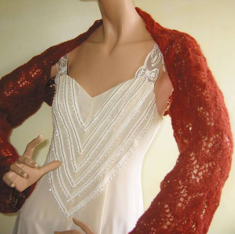 Handarbeit Gestrickte Alpaka Lace Stola Bolero Shrug Jacke Tuch Schal 54% Superfine Mit Merinowolle Ziegelrot Hauchzart Federleicht von darauffreueichmich