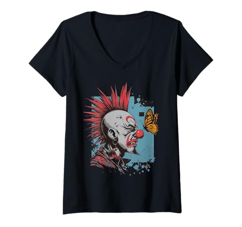 Damen Cringe clownPunk und Schmetterling T-Shirt mit V-Ausschnitt von dark creepy Zombie Clown