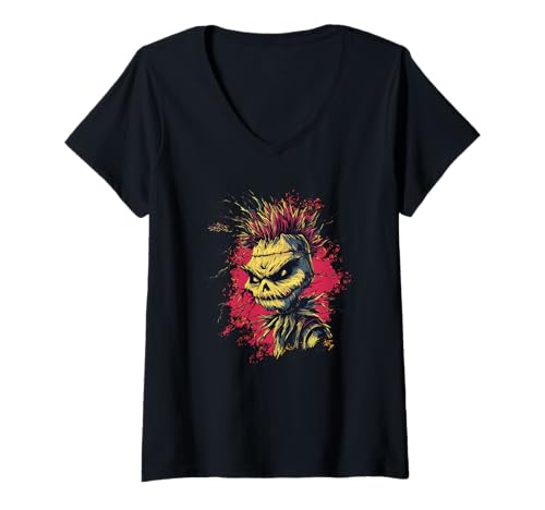 Damen Punkrock Vogelscheuche T-Shirt mit V-Ausschnitt Damen Punkrock Vogelscheuche T-Shirt mit V-Ausschnitt von dark scare crow love