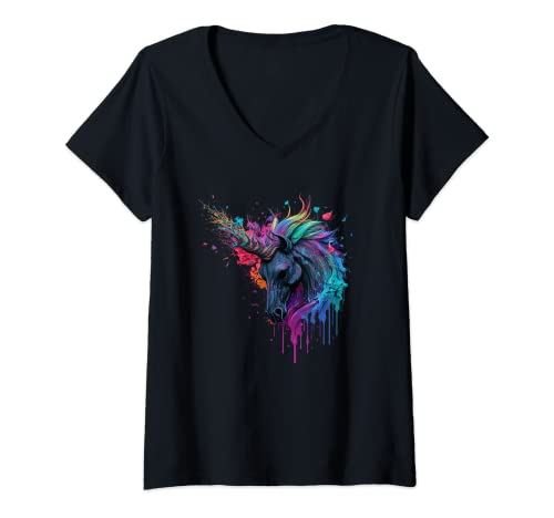 Damen Regenbogen Einhorn T-Shirt mit V-Ausschnitt Damen Regenbogen Einhorn T-Shirt mit V-Ausschnitt von dark unicorn love