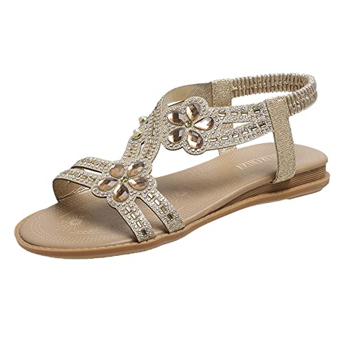 Damen Flache Sandalen Sommer Flache Damen Sandalen Blume Strass Offene Spitze Strand Stil Damen Sandalen Sommer Elegant Glitter von dasg