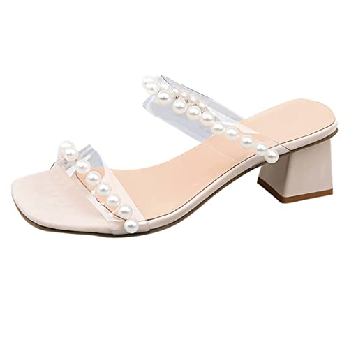 Damenschuhe Fashionsquare Toe Slip-on Chunky Pearl Clear Tape High Heel Sandal Beach Sandalen Hausschuhe Abendschuhe Open Toe Flip-Flops Plateau Damen Sandalen von dasg