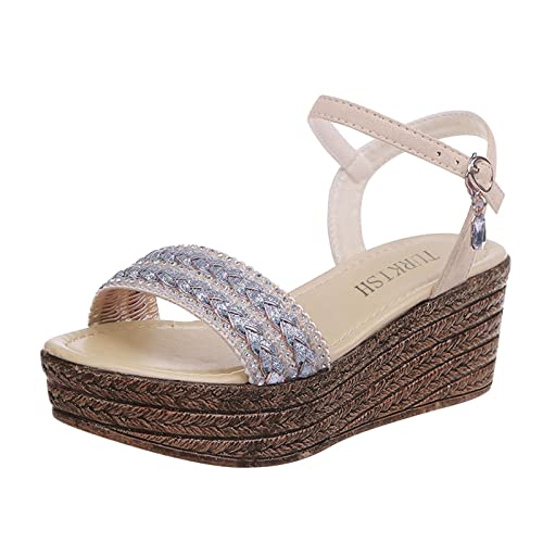 Plateausandalen mit Keilabsatz Summer Roman Platform Wedge Women Sandals Casual Rhinestone Buckle High Heel Gespaltene Zehen Strandschuhe Abendschuhe Peep Toe Flip Flop Plateau Frauen Sandaletten von dasg