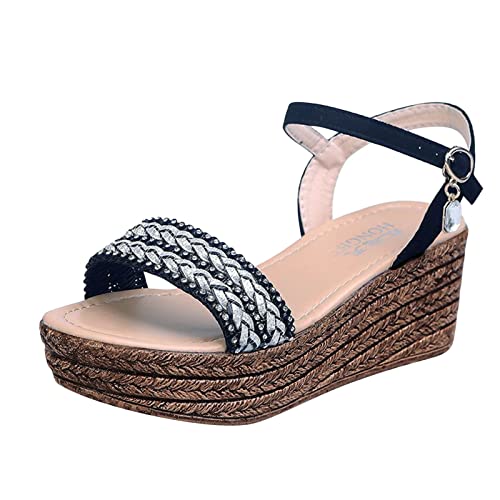 Plateausandalen mit Keilabsatz Summer Roman Platform Wedge Women Sandals Casual Rhinestone Buckle High Heel Gespaltene Zehen Strandschuhe Abendschuhe Peep Toe Flip Flop Plateau Frauen Sandaletten von dasg