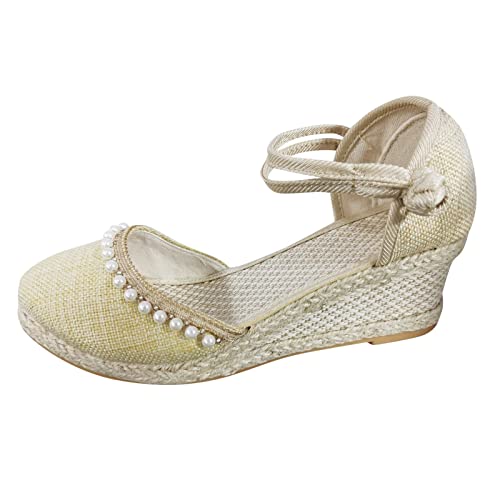 Sommer-Damen-Resort-Stil mit Blumenmuster, gesticktes Muster, Keilpantoffeln, geflochtene Perlenabsätze, Damen-Sandalen mit hohem Absatz von dasg