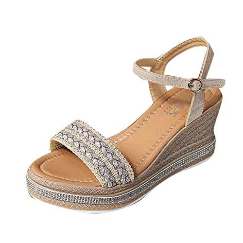 Wedge Women Sandals Open Toe Rhinestone Buckle High Heel Fashion Shoes Sandalen Damen Sommer Strohsandalen Keilabsatz Espadrilles Geschlossene Riemchensandalen von dasg