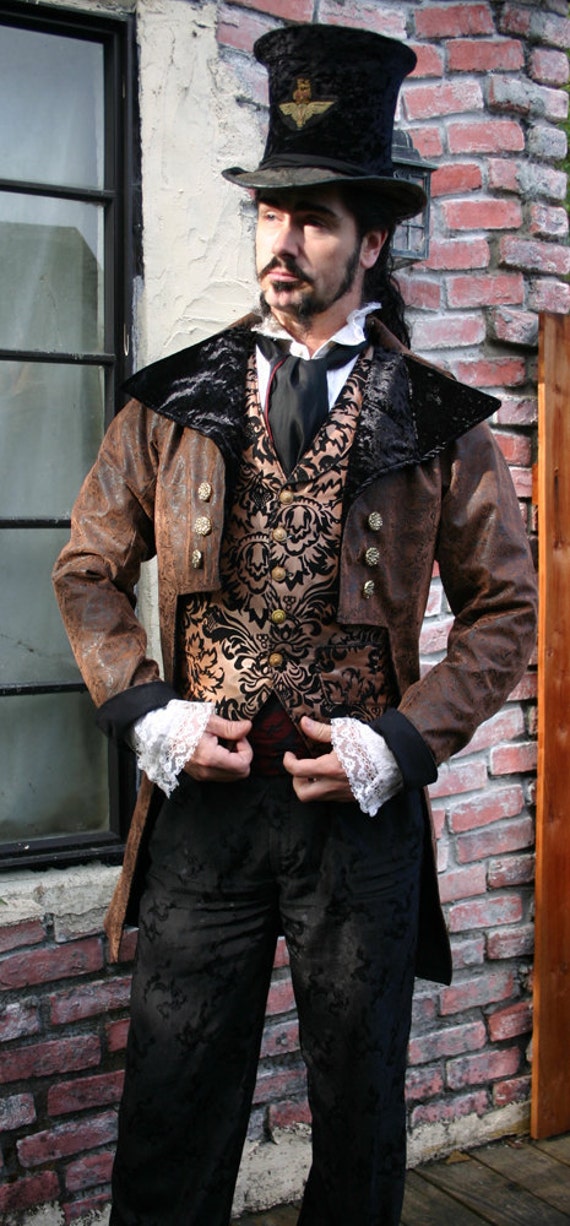 Braun Und Schwarz Tooled Kunstleder Steampunk Frock Cutaway Mantel von dashandbag