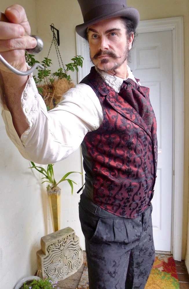 Schwarz Und Weinrot Muster Seide Brokat Steampunk Viktorianisch Lapeled Herren Weste von dashandbag