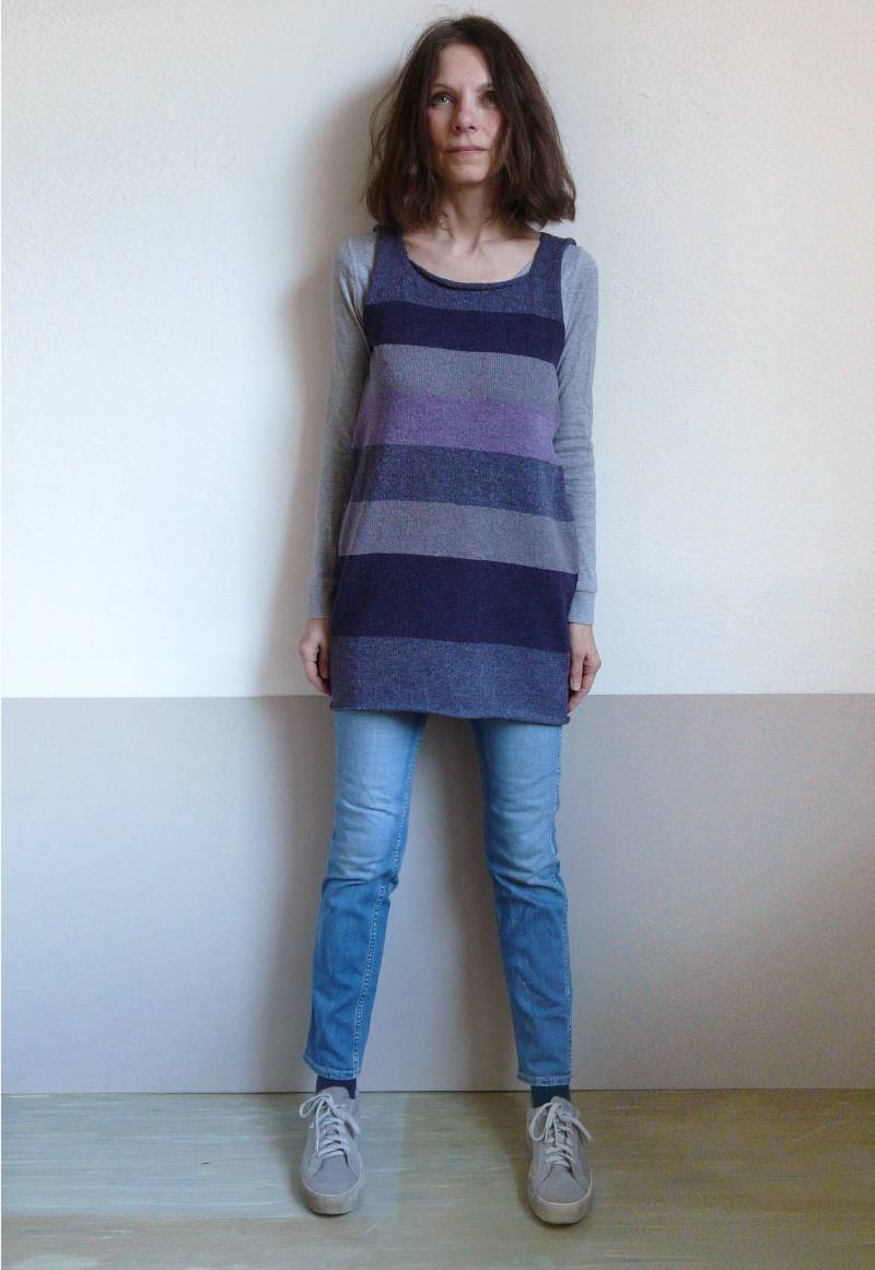 Gestrickte Blau Violett Grau Gestreifte Tunika, Weste Wolle von dashazim