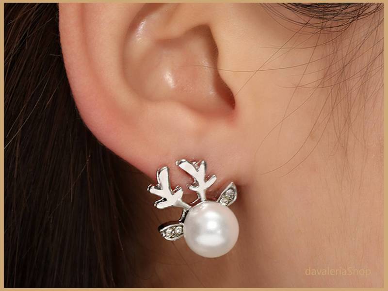 Silberne Rentier Ohrstecker - Schmuck Mit Perle Und Glitzer Weihnachts Ohrringe Frauen von davaleriaShop