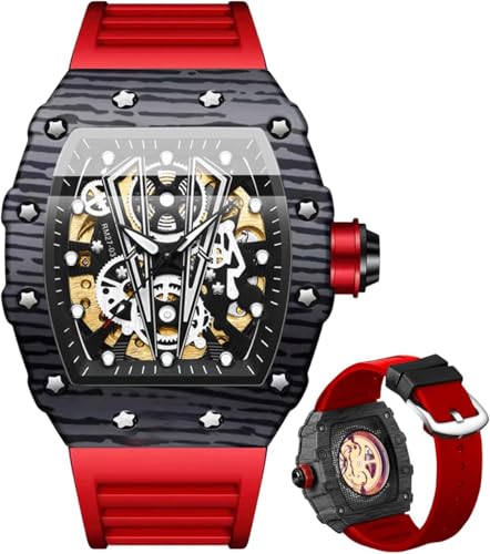 DAXIAOYU Einzigartige Herren-Automatikuhren, Tonneau-Skelett, mechanisch, selbstaufziehend, modisch, Sport, Silikonband, männliche Armbanduhr, wasserdicht, leuchtend, Rot, schwarz, modisch von daxiaoyu