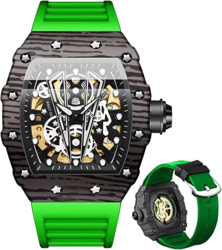 DAXIAOYU Einzigartige Herren-Automatikuhren, Tonneau-Skelett, mechanisch, selbstaufziehend, modisch, Sport, Silikonband, männliche Armbanduhr, wasserdicht, leuchtend, grün / schwarz, modisch von daxiaoyu
