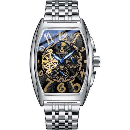 DAXIAOYU Goldenes Gehäuse, großes quadratisches Zifferblatt, Automatikuhr, Skelett, mechanische Armbanduhr, Edelstahlband, männliche Uhr, silber, schwarz, Business von daxiaoyu