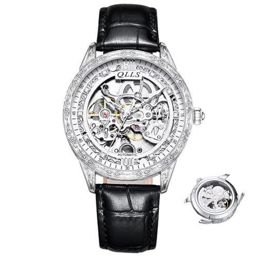 DAXIAOYU Herren-Armbanduhr, Leder, automatisch, mechanisch, ausgehöhlt, Vintage-Stil, geschnitztes Zifferblatt, modisch, Business, wasserdicht, Schwarz, Luxuriös von daxiaoyu