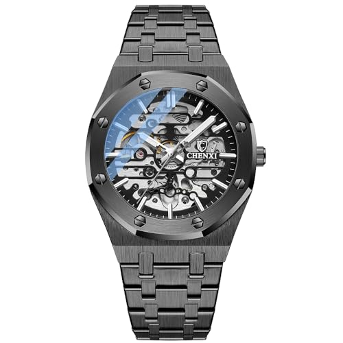 DAXIAOYU Herren-Armbanduhr, Skelett, automatisch, mechanisch, modisch, hohles Zifferblatt, Sport-Armbanduhr, Edelstahl, wasserdicht, Business-Uhren, Schwarz, Business von daxiaoyu