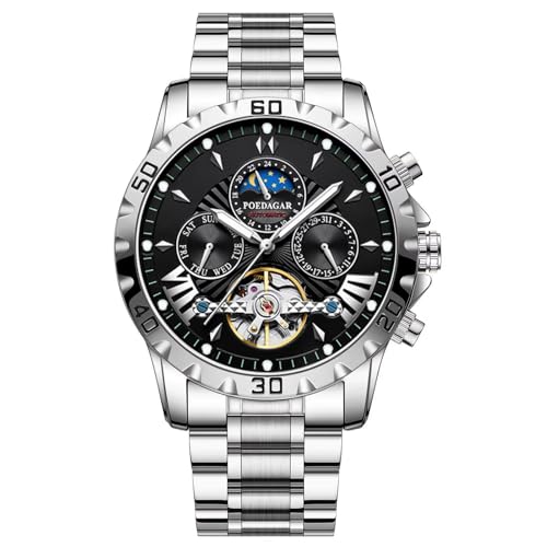 DAXIAOYU Herren-Automatikuhr, Tourbillon, Mondphasen-Design, mechanische Handaufzieh-Armbanduhr, Datumsanzeige, wasserdicht, Business-Uhren, schwarz, Schwarz, Modern von daxiaoyu