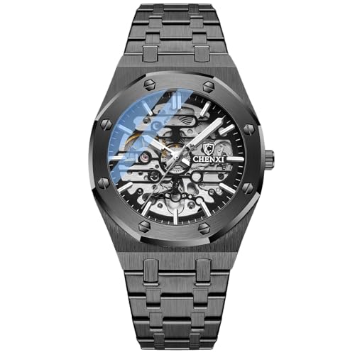 DAXIAOYU Herren Uhren Automatische Mechanische Uhr Leuchtend mit Edelstahlband Skelett Militär Armbanduhr, Schwarz, Luxuriös von daxiaoyu