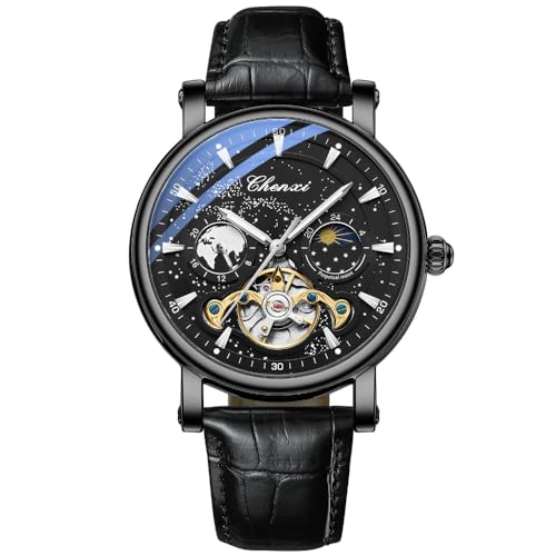 DAXIAOYU Milky Way Moon Phase Hollow Flywheel Men Mechanical Watch Full Automatic Skeleton Tourbillon Luminous Business Wristwatch, Schwarz, modisch von daxiaoyu