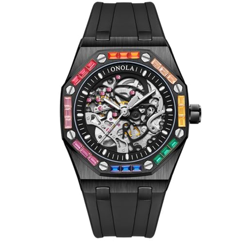 DAXIAOYU Modische Herren-Armbanduhr mit Regenbogen-Diamant-Lünette, luxuriöses Skelett, hohl, automatisch, selbstaufziehend, mechanische Uhr, Silikonband, wasserdicht, leuchtende Uhren, Schwarz, von daxiaoyu