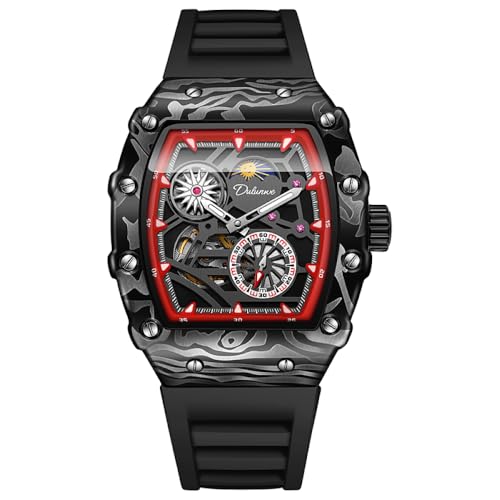 DAXIAOYU Modische Schwungrad-Sportuhren für Herren, automatische mechanische Uhr, luxuriös, leuchtende Armbanduhr, Mondphase, Tonneau-Uhr, Schwarz Rot, Sportlich von daxiaoyu