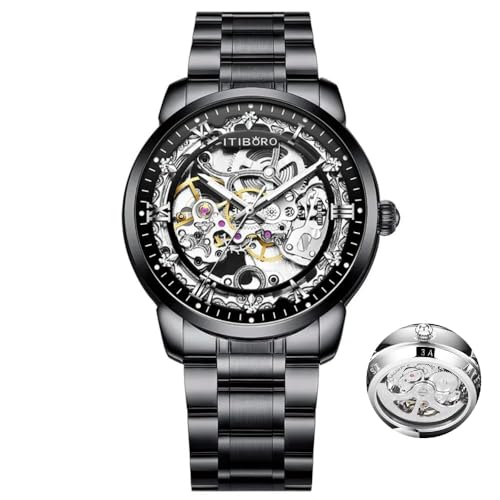 DAXIAOYU Modische exquisite automatische mechanische Herrenuhren, wasserdicht, 3D-Schnitzerei, Zifferblatt, leuchtende Uhr, Relogio Masculino + Box, Schwarz, Luxuriös von daxiaoyu