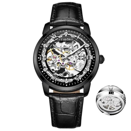 DAXIAOYU Modische exquisite automatische mechanische Herrenuhren, wasserdicht, 3D-Schnitzerei, Zifferblatt, leuchtende Uhr, Relogio Masculino + Box, Schwarz, Luxuriös von daxiaoyu