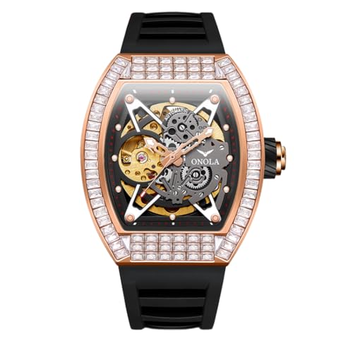 DAXIAOYU Modische quadratische Diamant-automatische mechanische Uhr für Herren, doppelseitige hohle Skelett-Uhren, Silikonarmband, wasserdicht, leuchtend, Business-Luxus-Armbanduhr, Rosa / Schwarz, von daxiaoyu
