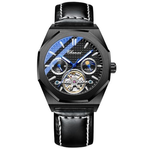 DAXIAOYU Octagon Hollowed Tourbillon Mechanische Uhr Sternenklar Mond Phasen Wasserdicht Leuchtend Automatische Armbanduhr Luxus Leder Herren Uhren, Schwarz, Luxuriös von daxiaoyu