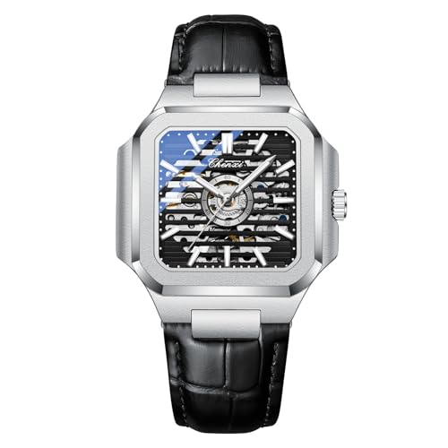 DAXIAOYU Quadratische Mechanische Uhr Herren Vollautomatische Hohle Skelett Uhren Edelstahl Leuchtend Wasserdicht Business Armbanduhr, Schwarz, Luxuriös von daxiaoyu